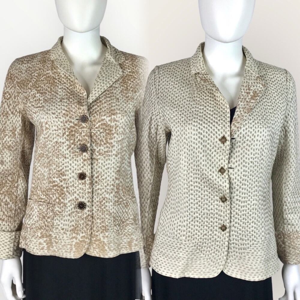 Elie Tahari Jacket Reversable 100% Cotton Beige & Tan Brown Embroidered